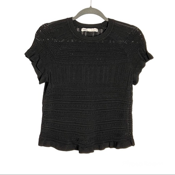 Zara Tops - Zara Pointelle Open Knit Short Sleeve Top Medium Black